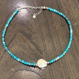 Turquoise Beaded Sterling Silver Necklace with Real Pearl Accent